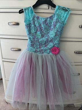 Revolution Turquoise Sequin Lace & Lavender Tulle Dress with Pink Rose